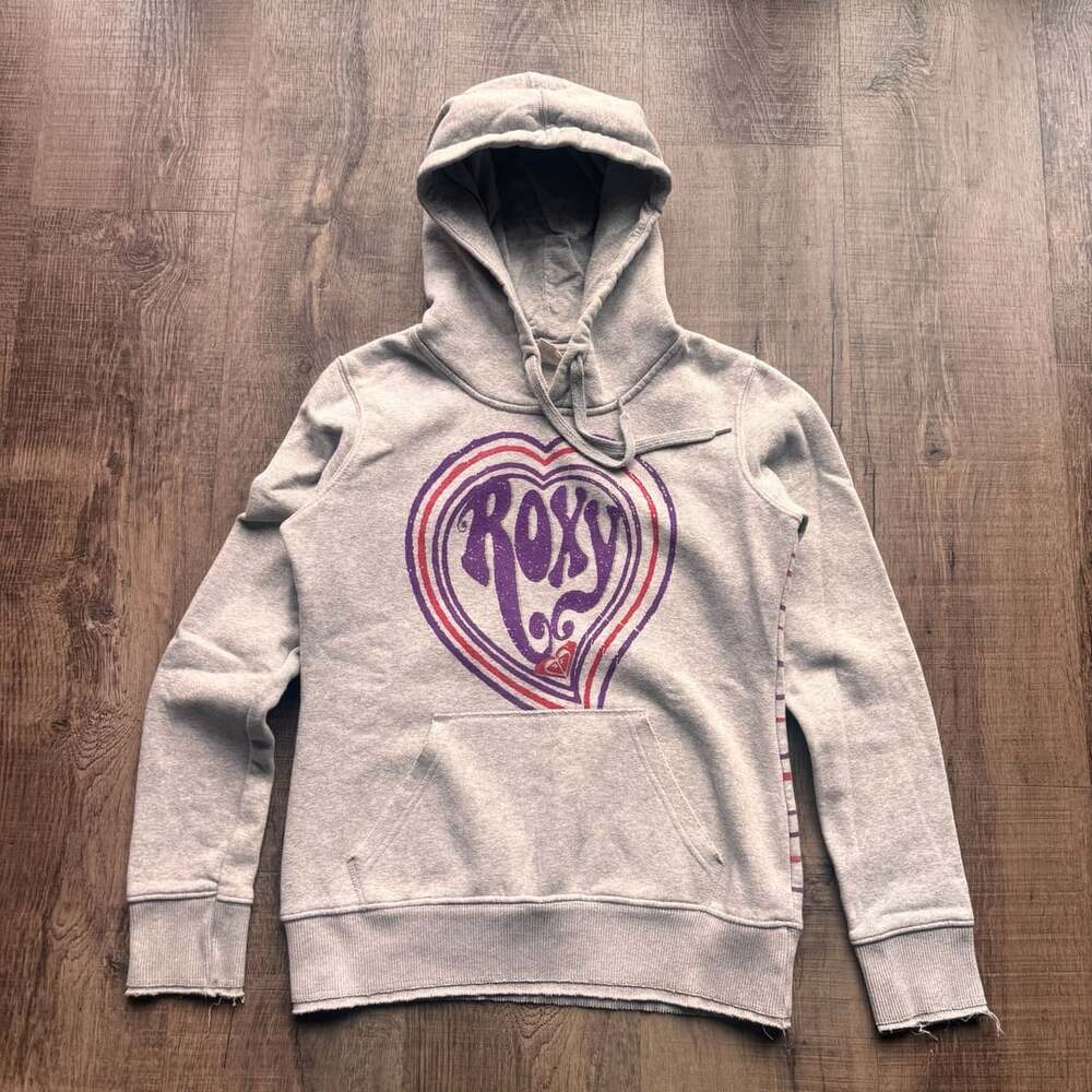 Roxy Vintage Y2K Grey Graphic Heart Stripe Pullover Hoodie XS
